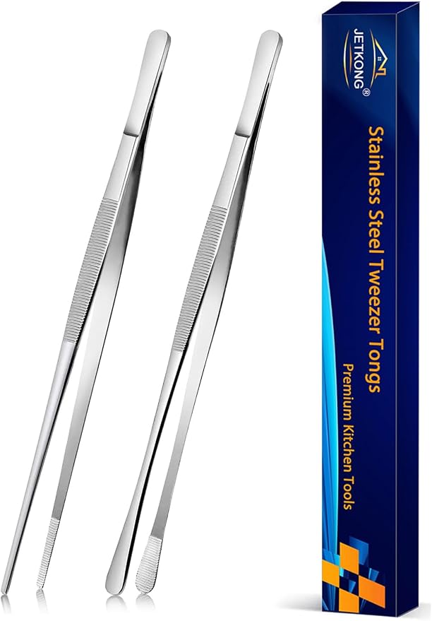 JETKONG 2 Pcs 10-Inch Cooking Tweezers Stainless Steel, Straight Food Tweezers, Professional Kitchen Forceps for Cooking Repairing and BBQ (Silver)