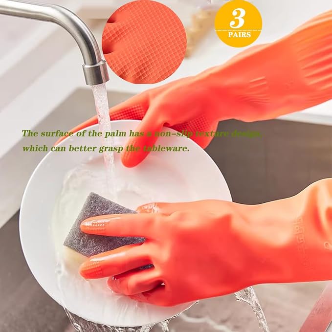 3 Pairs Household Extra Long Kitchen Gloves for Washing Dishes，20.05inches Rubber Cleaning Gloves，Reusable Latex Living Wash Gloves，Long Sleeves(Large, Red)