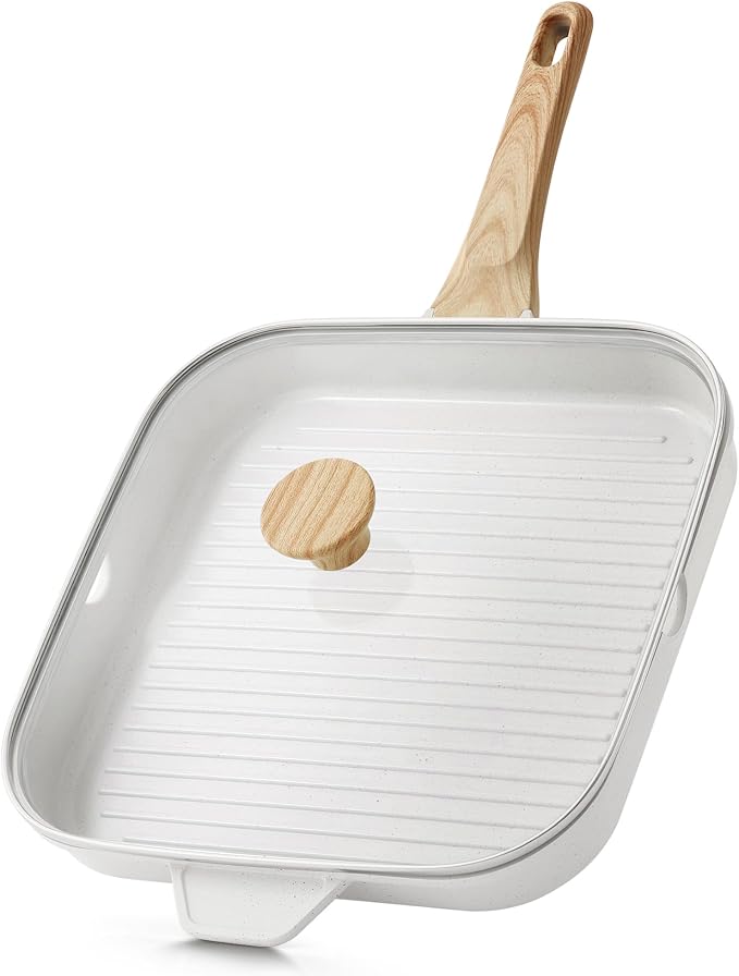 SENSARTE Nonstick Ceramic Grill Pan with Lid, Grill Pan for Stove Tops, Square Grilling Pan with Pour Spouts, Durable Grill Skillet for All Stoves, Steak Bacon Pan, Non Toxic PTFE,PFAS,PFOA Free