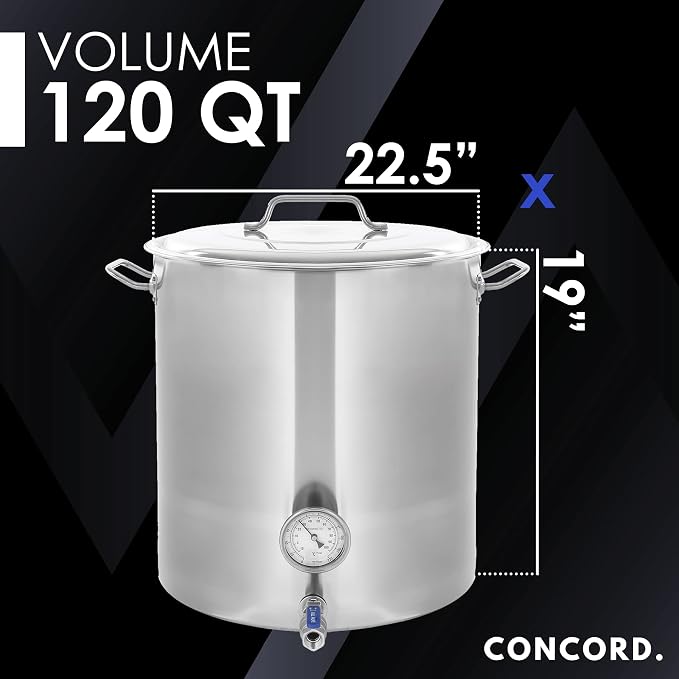 CONCORD Stainless Steel Home Brew Kettle Stock Pot (Weldless Fittings) (120 QT/ 30 Gal)
