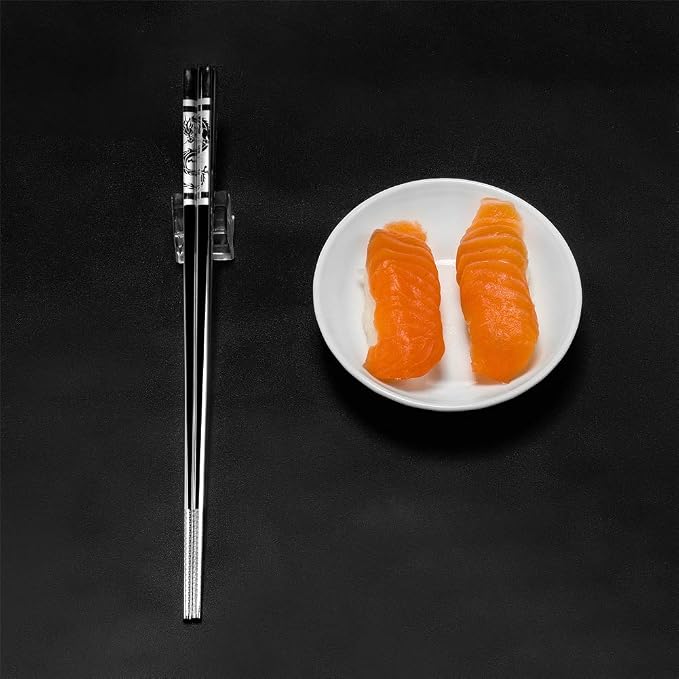 Metal Chopsticks ,Stainless Steel Non-Slip Design Chopsticks Reusable Dishwasher Safe Chop Sticks Laser Engraved Dragon Pattern 5 Pairs Gift Set