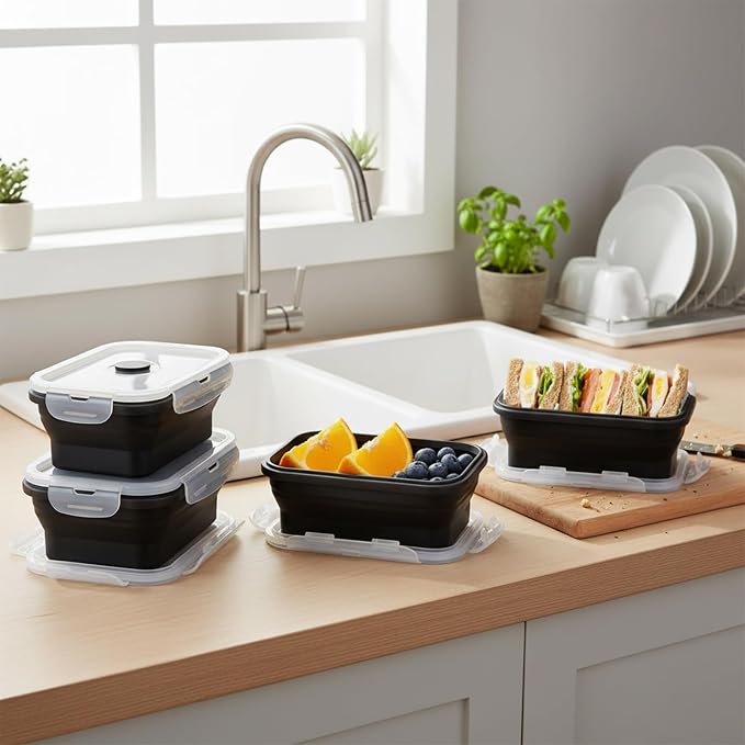 Collapsible Silicone Food Storage Containers Set with Lid & Air Vent,Foldable Lunch Containers(4PCS,Black,17oz)