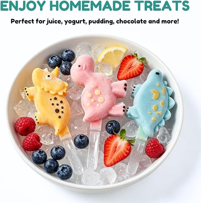 Dinosaur Silicone Popsicle Molds, 3 Pcs Ice Pop Maker | Flexible dinosaur shapes for juice pops, yogurt treats, fruit ice and summer freezer snacks.