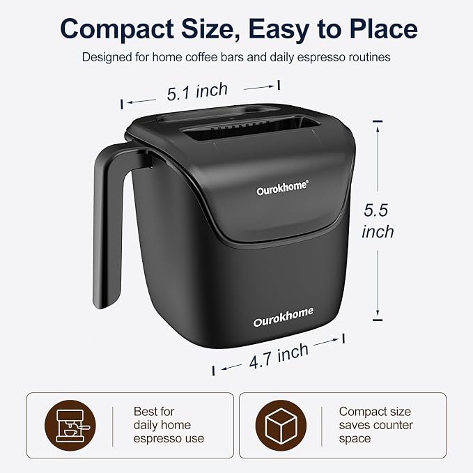 Ourokhome Espresso Knock Box with Lid, Compact Coffee Grounds Container for Home Coffee Bar, Removable Knock Bar, 304 Stainless Steel Exterior, Non-Slip Base & Handle, Easy Clean (Black)