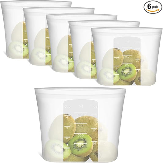 100% Silicone Reusable Storage Bag Quart Size, 6 Pack Stand-Up Wide-Mouth Zip-Lock Food Storage Bags, Easy-Fill Easy-Open Easy-Clean Space-Saving, Microwave & Dishwasher Safe, 34oz, Translucent
