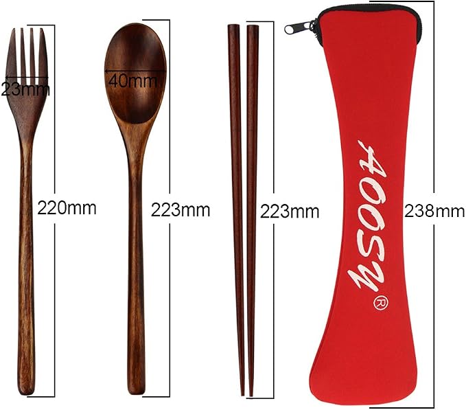 Wooden Spoon and Fork Set,AOOSY 4 Pcs Portable Wooden Utensils for Eating | Reusable Travel Cutlery Set with Wood Fork, Spoon, Chopsticks,9Inches