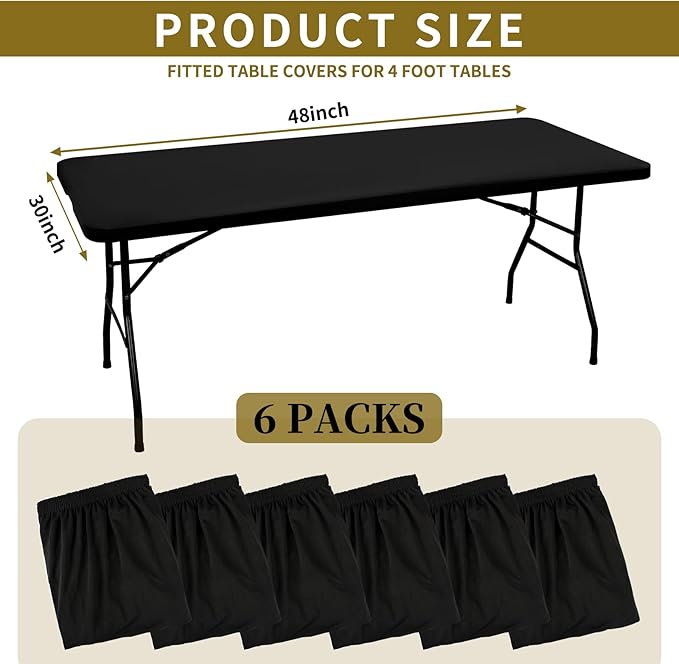 6 Pack Black Elastic Rectangle Table Top Cap Cover, Fits 4' Tables, 30" W x 48" L