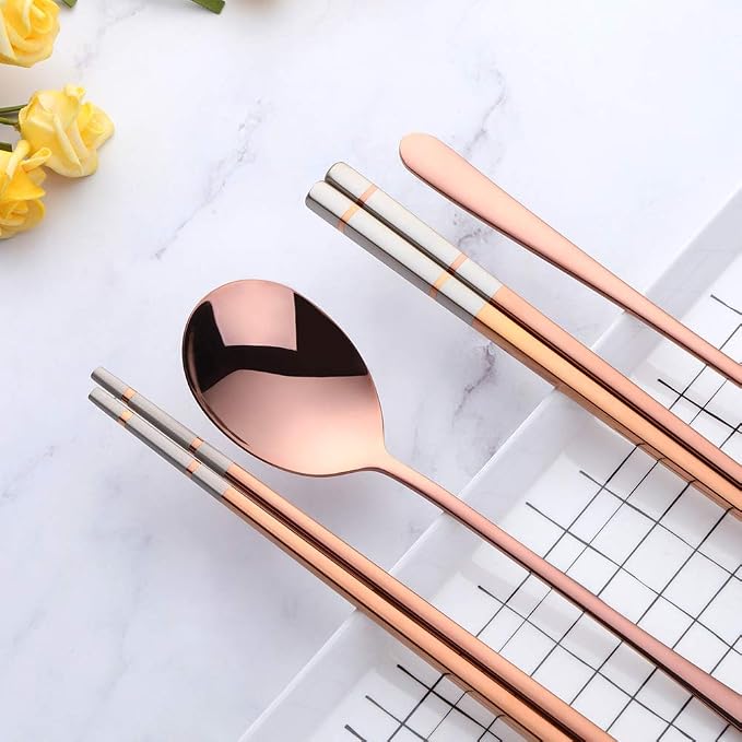 Buyer Star 4 Set Rose Gold Square Chopsticks and Spoons Set Metal Stainless Steel Spoons Chopsticks Set