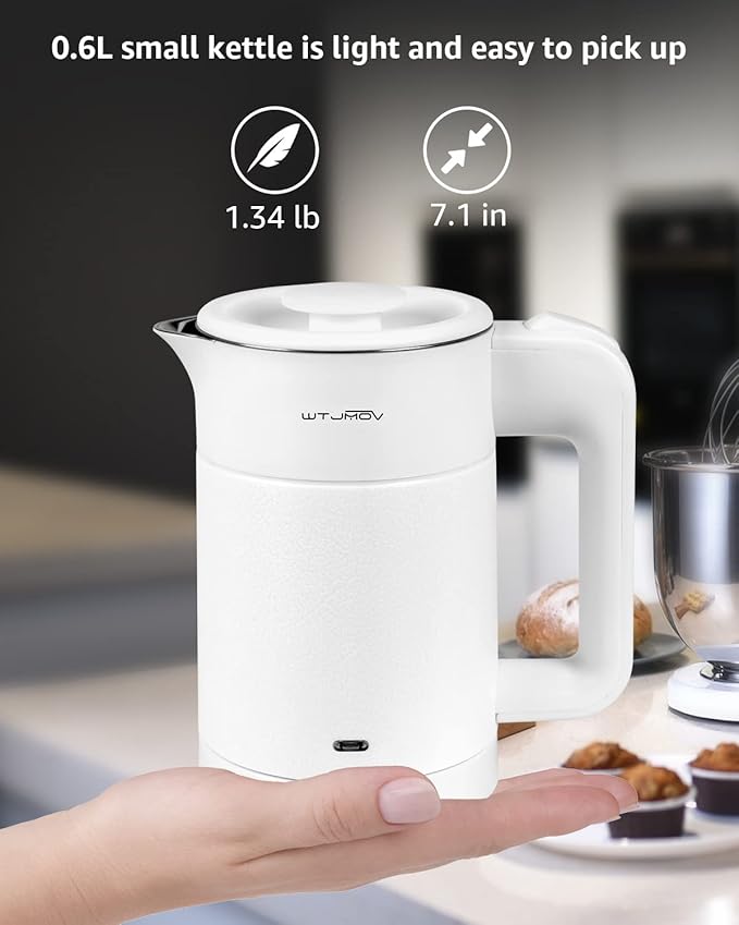 0.6L Small Electric Tea Kettle Lightweight, 20 Ounce Double Wall Hot Water Boiler Stainless Steel Auto Shut-off, 120V Portable Travel Electric Kettle Fast Boil for Tea and Coffee,White