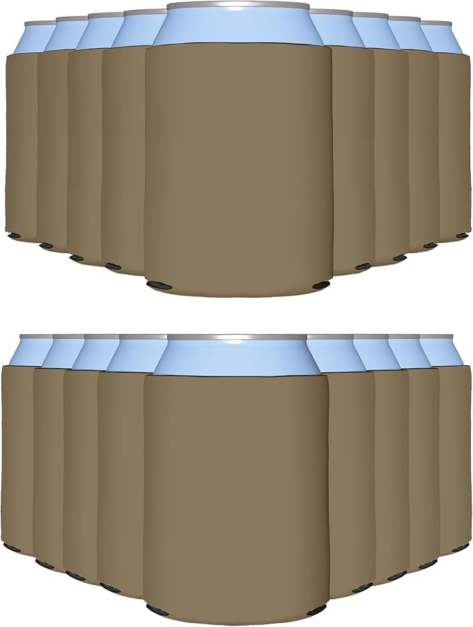 PartyPrints 25 Pack Taupe Blank Can Cooler Sleeves, Customizable Bulk Insulated Foam for Beer, Collapsible Plain Drink Holder, Cold Soda Insulator, 12oz Regular, 16oz Tall Cans
