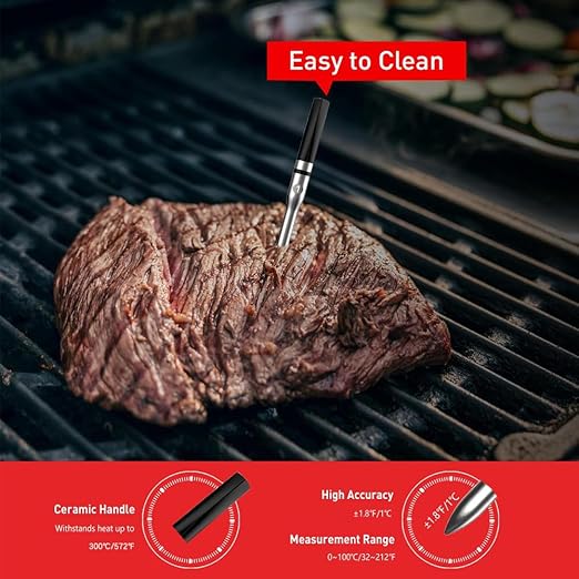 Smart Wireless Meat Thermometer for Grilling and Smoking – Bluetooth 5.2, 150m Range, IP65 Waterproof Probe – Rechargeable USB-C BBQ Thermometer for Smoker, Oven, Rotisserie