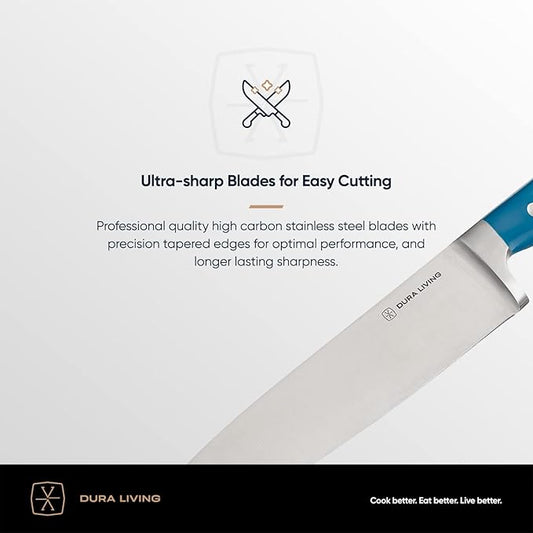 DURA LIVING 3-Piece Kitchen Knife Set – Ultra-Sharp Forged High Carbon Stainless Steel, 8" Chef, 5" Utility, 3.5" Paring Knives, Ergonomic Handles, Professional Starter Set, Royal Blue