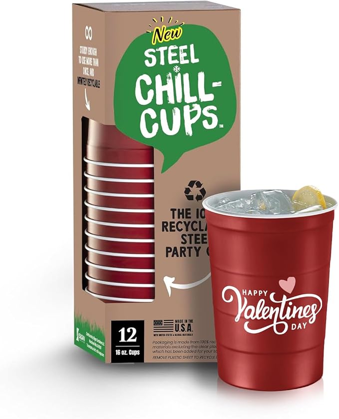 Steel Chill Cups 16 oz. Reusable Party Cups, Valentine's Day, 12 Count | Made in USA from Steel these durable cups chill fast & keep your drink cold for longer, 100% recyclable for sustainablity