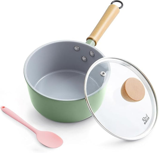 ROCKURWOK Ceramic Nonstick Sauce Pan with Lid, 1.5 Qt Small Pots for Cooking, Small Pot Wooden Handle for Cool Touch, Non Toxic & Pfas-Free Saucepan, Universal Base(Gas, Electric & Induction), Green