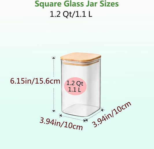 1.2 Qt Square Glass Storage Containers with Lids, glass jar with airtight lid, Glass Canister for Pantry Cookie Flour Cereal Rice Sugar Tea Coffee Beans Spice, Square Set of 4