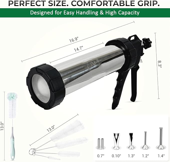 2LB Professional Jerky Gun Kits, Sausage Stuffer, Stainless Steel Jerky Maker, Jerky Shooter, Beef Jerky Making Gun with 5 Nozzles, 1 Meat Pusher, 5 Cleaning Brushes and Pair of Gloves