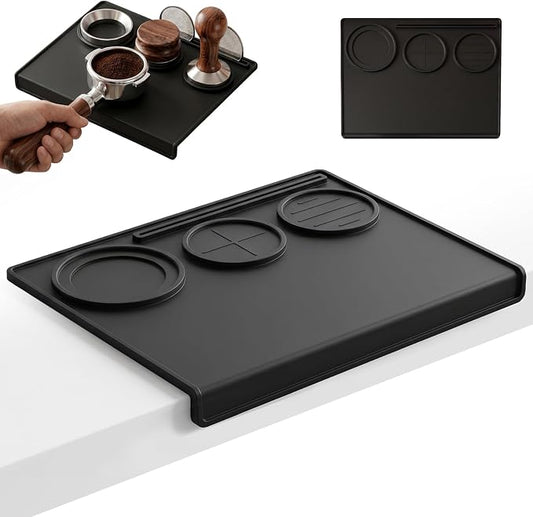Espresso Tamping Mat, 90° Corner Silicone Coffee Bar Mat for 51/54/58mm Portafilters, Drawer-Friendly Tamper Mat with Tamper, Distributor & Puck Screen Slots, Countertop Protector, Black