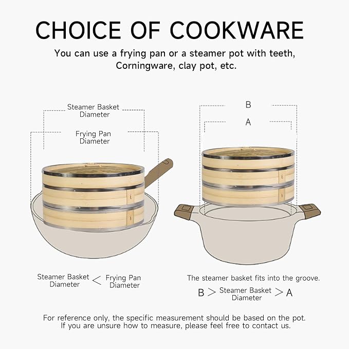 Hcooker. Bamboo Steamer Basket 10.6 Inch 3 Tier Dumpling Steamer Steam Pot | Stainless Steel Reinforced Rim | Sauce Dish, 2 Chopsticks, 3 Cotton Liners | Steamer for Cooking Food Bao Buns Rice Vegetable