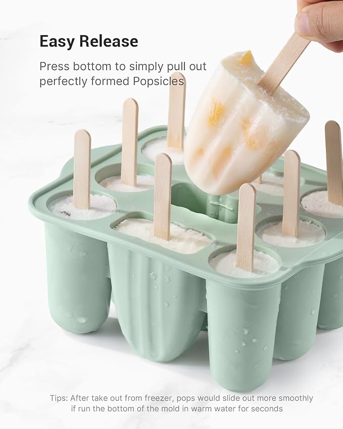 9-Cavity Popsicle Molds for Kids, Homemade BPA-Free Silicone Popsicle Maker Mold Set Easy Release Popsicles Molds with Sticks DIY Ice Pop Mold for Kids (Green)