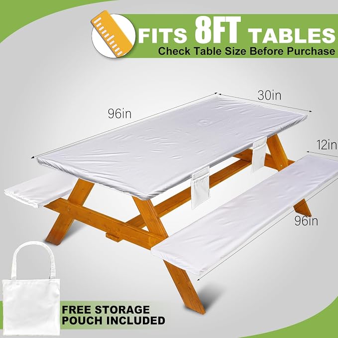 Wrakus Picnic Table Cover with Bench Covers Vinyl Elastic Edges Fitted Rectangle Seat Tables Waterproof 3-Piece96X30in Set Outdoor Rectangular Folding Backing Tablecloth for Camping Over Size