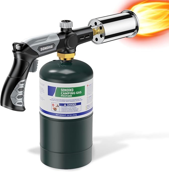 Sondiko Powerful Grill & Cooking Propane Torch L8010, Black & Grey | Sous Vide, Campfire Starter, Adjustable Weed Torch Burner for Searing Steak, BBQ & DIY, Propane Tank Not Included