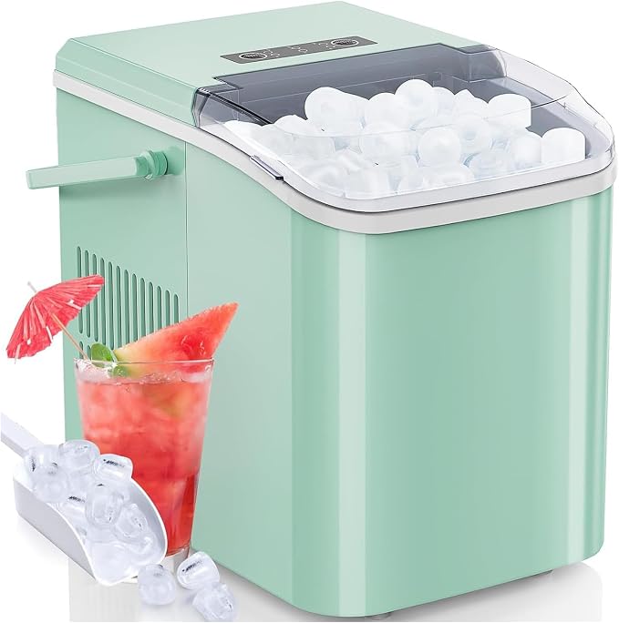 DUMOS Ice Makers Countertop with Handle Ice Machine, Fast in 6 Mins, 26lbs in 24 Hours, Quiet Self-Cleaning, Compact Size Portable for Home, Kitchen, RV, Camping, Modern Green