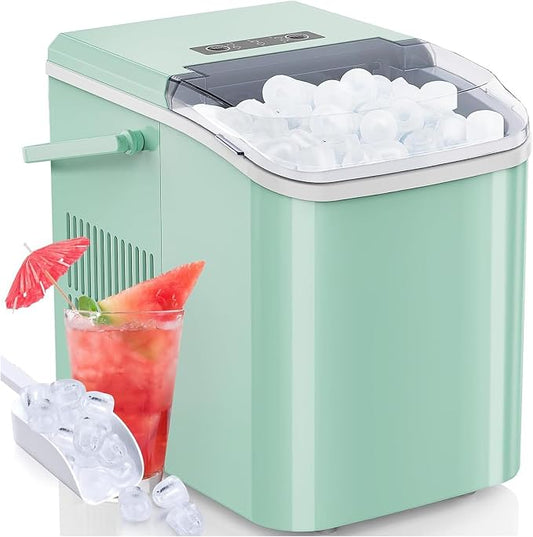 DUMOS Ice Makers Countertop with Handle Ice Machine, Fast in 6 Mins, 26lbs in 24 Hours, Quiet Self-Cleaning, Compact Size Portable for Home, Kitchen, RV, Camping, Modern Green