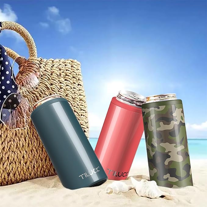 TILUCK Skinny Can Cooler, Stainless Steel Insulated Slim Cans, 12 oz | Beer & Hard Seltzer, Doucle-Walled Stainless Steel Insulated Slim Cans, Slim 12 oz(Glitter Coral)