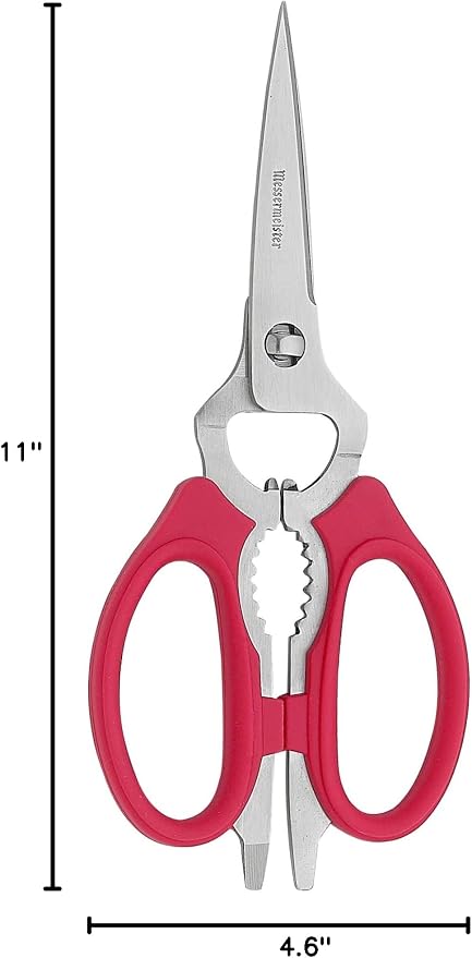 Messermeister 8-Inch Take-Apart Kitchen Scissors, Red - Includes Screwdriver, Nut Cracker, Jar Lid Opener/Gripper, Bottle Opener & Bone + Twig Cutter - Suitable for Lefties & Righties