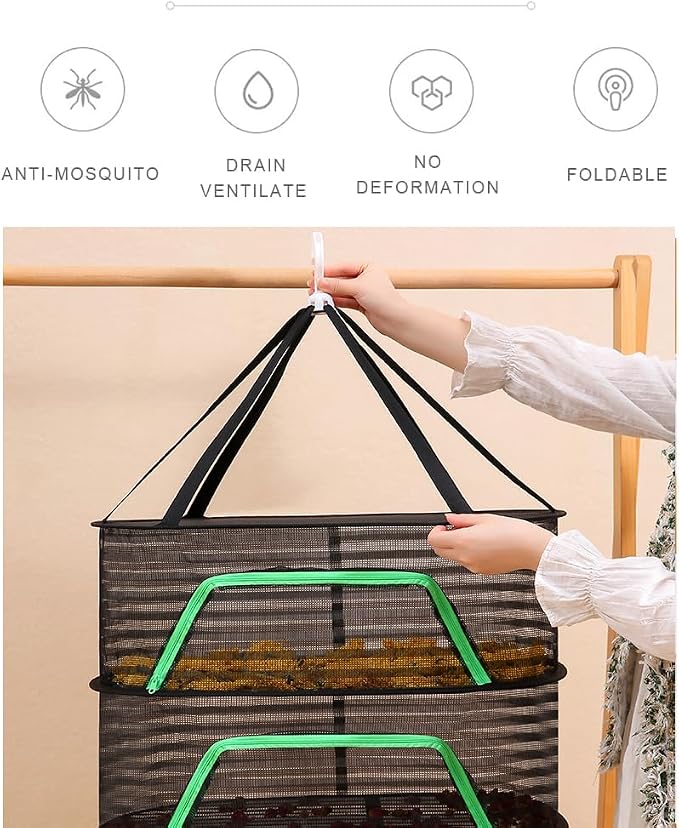 Foldable Drying Net for Vegetables, Fish, and Dehydrated Goods, Multi-Tiered Food Drying Net, Versatile Drying Rack, Windproof Design, Zipper Closure for Insect Protection 3Layer Black