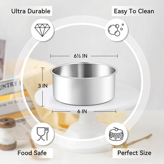 Leonyo 6 Inch Round Cake Pans Set of 3, Stainless Steel Round Layer Cake Baking Pans, Metal Baking Tins for Wedding Birthday, Even Heating, Non Toxic & Healthy, Heavy-Duty, Dishwasher