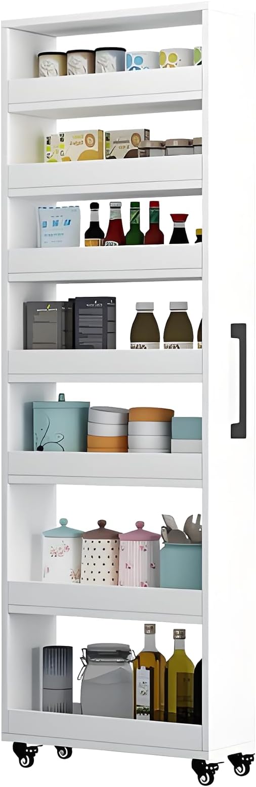 7-Tier Slim Storage Cart, Wooden Rolling Pantry Cabinet with Wheels, Narrow Shelf Organizer for Kitchen, Bakers Rack, Dining Room, Closet, Small Spaces Warm White 47.2" H*9.8" W*16.9" D