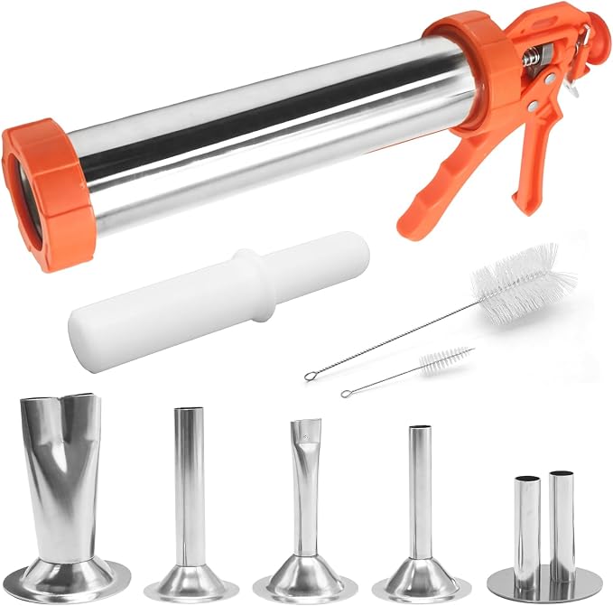 Hoypeyfiy Stainless Steel Jerky Gun Sausage Maker Sausage Stuffer Handmade Beef Jerky Gun with 5 Stainless Nozzles Meat Pusher Cleaning Brushes Kit (2.5LB)