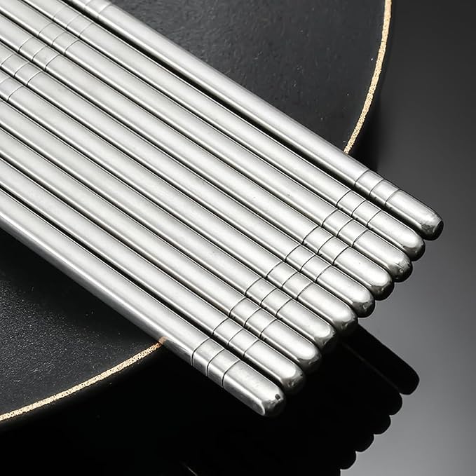 Metal Chopsticks Set 5 Pairs, Stainless Steel Square Chopsticks 8.86 in, Mirror Polished Silver, Non Slip Tip Reusable Chop Sticks for Noodles Dumplings Sushi, Dishwasher Safe
