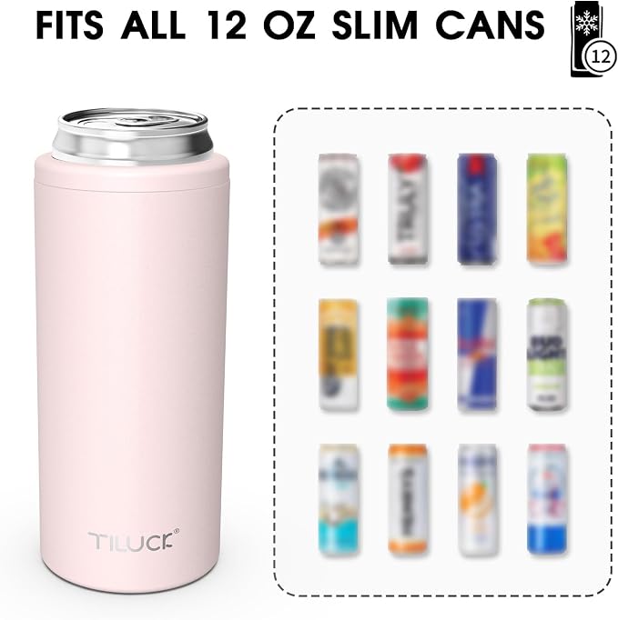 TILUCK Skinny Can Cooler, Stainless Steel Insulated Slim Cans, 12 oz | Beer & Hard Seltzer, Doucle-Walled Stainless Steel Insulated Slim Cans, Slim 12 oz(Frosted Pink)