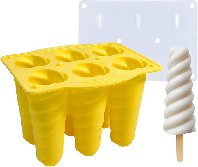 Silicone Popsicle Mould With Lid,Popsicle Molds 6 Pieces Ice Pop Molds BPA Free Popsicle Mold Reusable Easy Release Ice Pop Make Homemade children DIY ice cream food grade Mold (spiral-yellow)