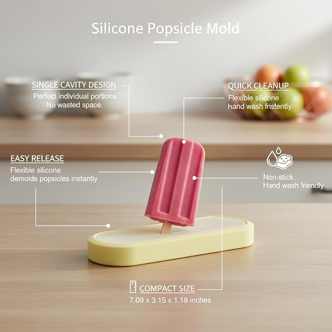 Fits Standard Freezer Drawers: Single Cavity Silicone Ice Pop Mold for Homemade Popsicles, Flexible Yellow or Pink Tray, 7.09 x 3.15 x 1.18 Inches