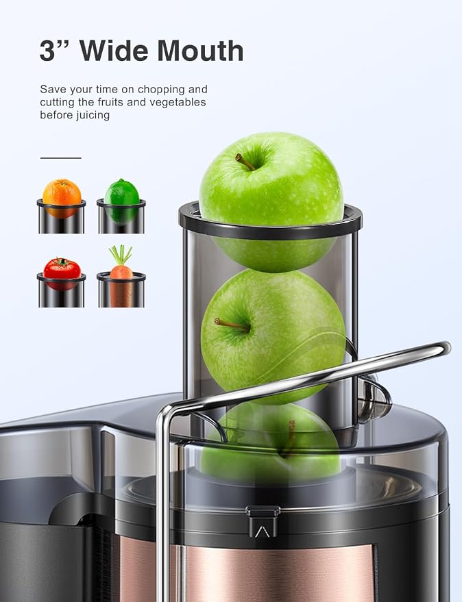 QCen Juicer Machine 500W Centrifugal Juicer with Extra Wide Feed Chute | For Fruits And Vegetables, Stainless Steel, BPA-Free Parts, Easy To Clean, Rose Gold Finish, Compact Countertop Juicer