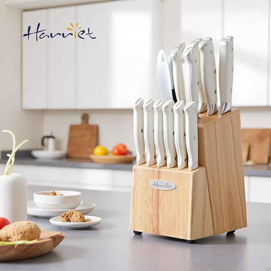 Harriet 14-Piece Knife Block Set, High-Carbon Stainless Steel Chef Knives with Triple Rivet Handles, Sharpening Steel & Multifunctional Shears | Santoku, Bread, Steak Knives & Wood Block