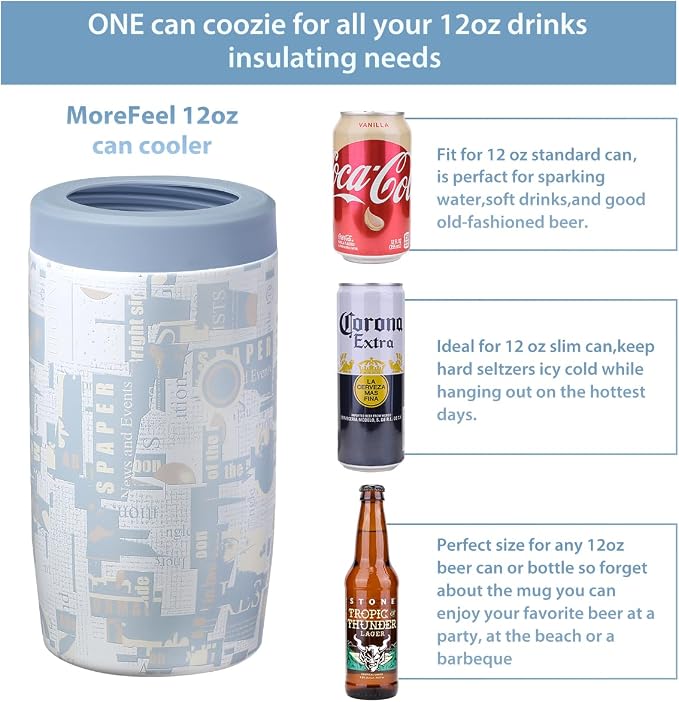 Morefeel 4-in-1 Insulated Can Cooler for 12 oz Cans & Bottles | 304 Stainless Steel Can Holder Fits 12 Oz Slim Cans, Standard Cans, Beer Bottles & Works as A Open Cup; Dishwasher Safe