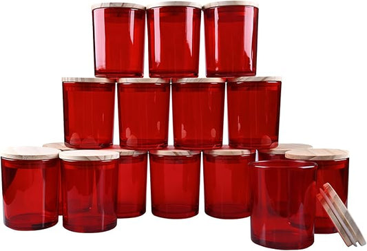 SHOWIN Thick Candle Jars for Making Candles 16 Pcs, 7 OZ Empty Jars with Wood Lids for Candle Making, Sample Container, Red