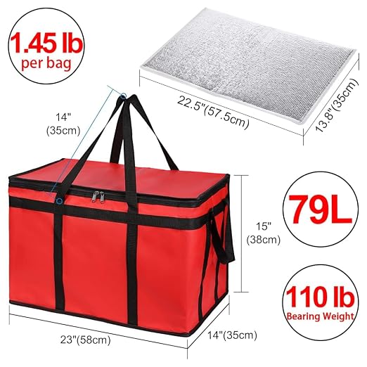 Insulated Food Delivery Bag with Hard Bottom, XXX-Large Insulated Reusable Grocery Cooler/Hot Bags, Tote Bag for Shopping/Travel, Red, 3-Pack
