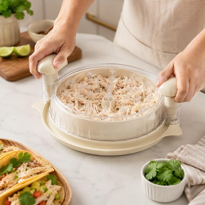 Chicken Shredder Tool Twist, Large Chicken Breast Shredder with Anti-Slip Base, Ergonomic Handles & Visible Lid, BPA Free, Dishwasher Safe, for Chicken, Pork, Beef, Meal Prep (White)