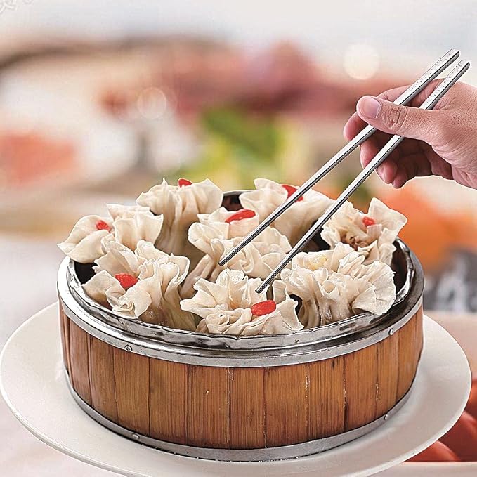 Metal Chopsticks Reusable Titanium Plated Stainless Steel Japanese Korean for Food & Cooking 9.5Inch Non-Slip for Beginners Square Laser 5 Pairs Gift Set