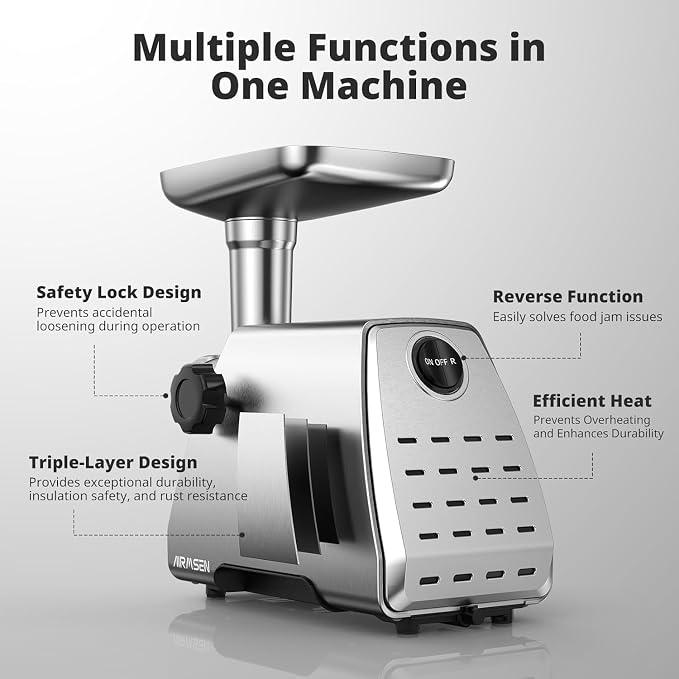 AIRMSEN Electric Meat Grinder & Tomato Sauce Press Maker with Strainer - Heavy Duty Food Mill Machine for Grinding Meat, Making Tomato Sauce, Sausage, Kibbeh for Home Kitchen Use