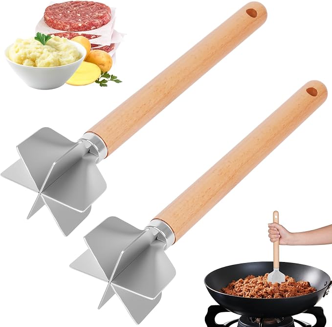 Meat Masher Stainless Steel Meat Chopper, 6-Blade Ground Beef Chopper Tool with 11" Wooden Handle for Hamburger,Turkey & Potato Masher(L, Wood Handle-2pcs)