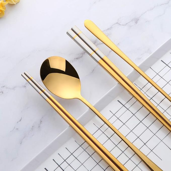 Buyer Star 4 Set Gold Square Chopsticks and Spoons Set Metal Stainless Steel Spoons Chopsticks Set