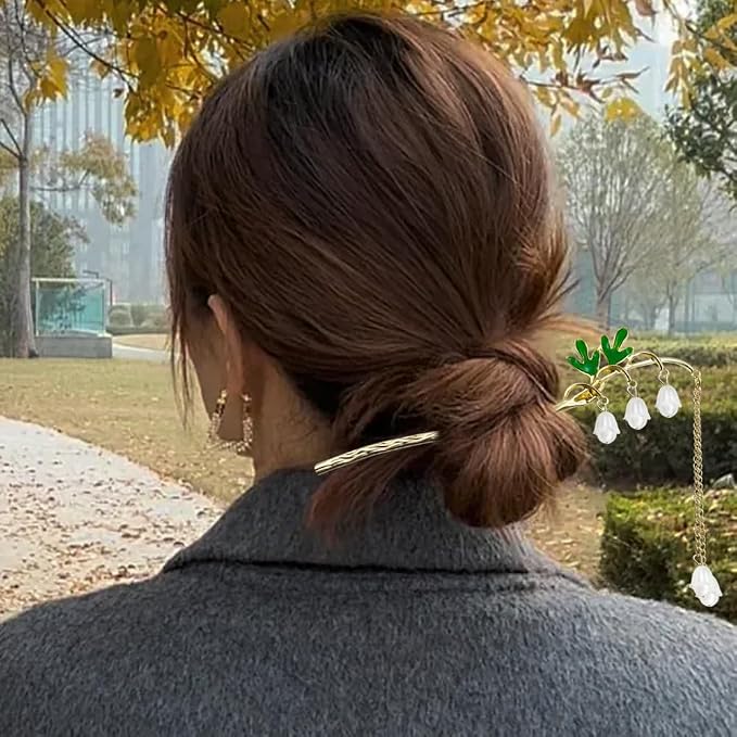 4 PACK Lily of the Valley Chinese Hair Sticks for Women Vintage Retro Pearl Hair Chopsticks Hair Bun Updo Holders Long Hairpins for Women Girls