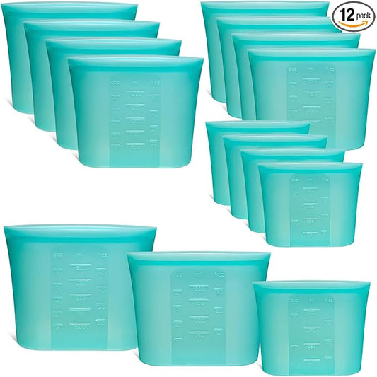 12-Pack Reusable Silicone Food Storage Bags, 100% Silicone Stand-Up Wide-Open Zip-Lock Reusable Storage Bags for Food, Freezer Microwave Oven Dishwasher Safe, Aqua, 4M 4S 4XS
