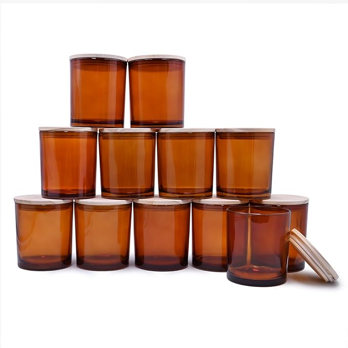 SHOWIN 14 OZ Thick Candle Jars for Making Candles 12 Pcs, 3 Wick Empty Jars with Wood Lids for Candle Making, Sample Container,Clear Brown